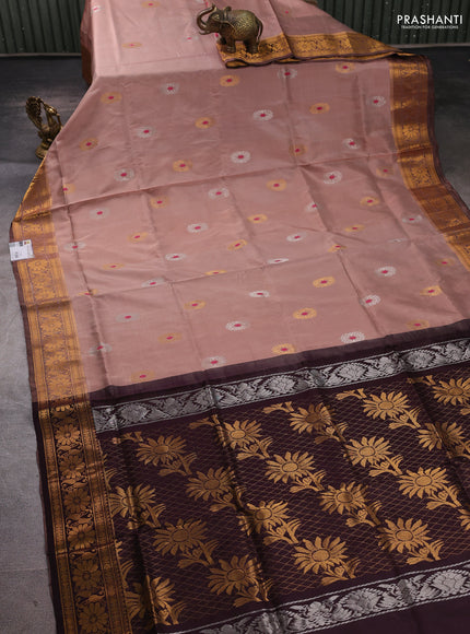 Pure uppada silk saree sandal and coffee brown with allover silver & zari woven buttas and zari woven border