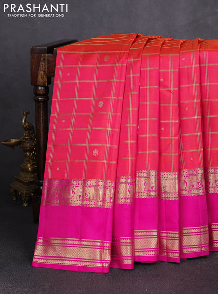 Pure kanchipuram silk saree dual shade pinkish orange and pink with allover zari checks & buttas and long rettapet zari woven border