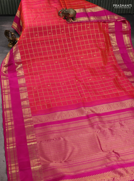 Pure kanchipuram silk saree dual shade pinkish orange and pink with allover zari checks & buttas and long rettapet zari woven border