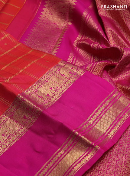 Pure kanchipuram silk saree dual shade pinkish orange and pink with allover zari checks & buttas and long rettapet zari woven border