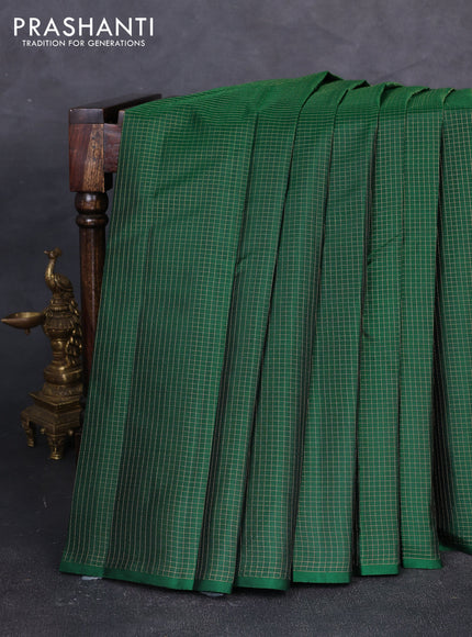 Pure kanchipuram silk saree bottle green and pink with allover zari small checked pattern in borderless style