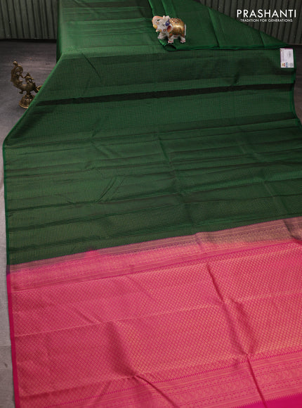Pure kanchipuram silk saree bottle green and pink with allover zari small checked pattern in borderless style