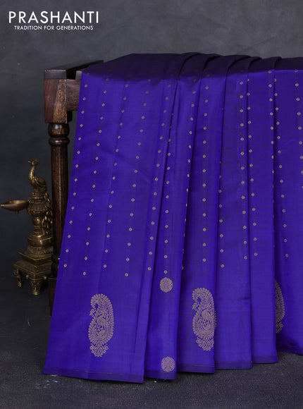 Pure kanchipuram silk saree blue with allover zari woven buttas in borderless style