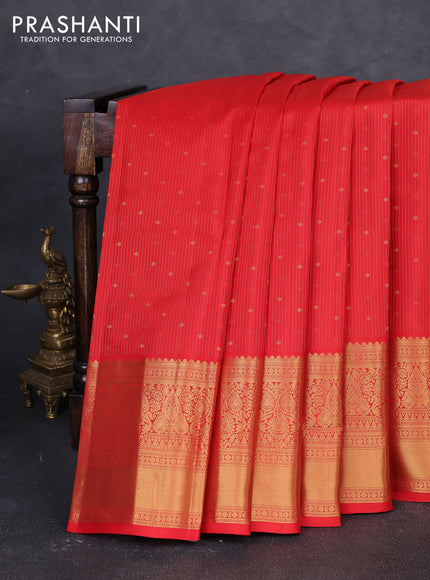 Pure kanchipuram silk saree red with allover zari weaves & buttas and long zari woven border