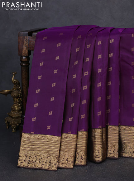 Pure kanchipuram silk saree deep purple and coffee brown with allover zari woven buttas and zari woven korvai border