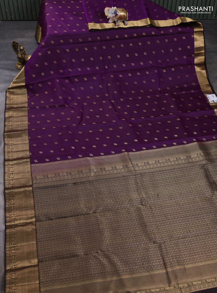 Pure kanchipuram silk saree deep purple and coffee brown with allover zari woven buttas and zari woven korvai border