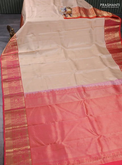 Pure kanchipuram silk saree cream and orange with zari woven buttas and zari woven korvai border