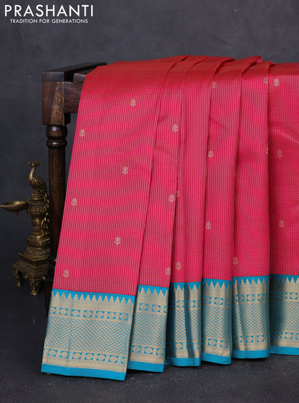 Pure kanchipuram silk saree tomato pink and teal blue with allover small zari checks & buttas and zari woven border