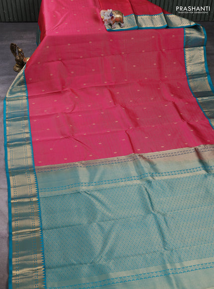 Pure kanchipuram silk saree tomato pink and teal blue with allover small zari checks & buttas and zari woven border