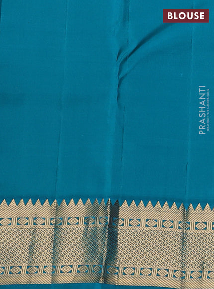 Pure kanchipuram silk saree tomato pink and teal blue with allover small zari checks & buttas and zari woven border