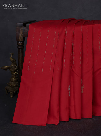Pure kanchipuram silk saree red and green with allover zari weaves and silver & gold zari woven butta border