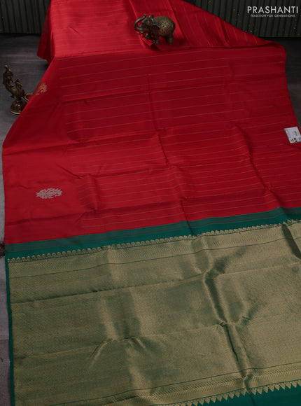 Pure kanchipuram silk saree red and green with allover zari weaves and silver & gold zari woven butta border