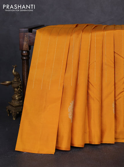 Pure kanchipuram silk saree dark mustard and purple with allover zari weaves and silver & gold zari woven butta border