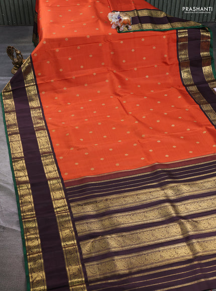 Pure kanchipuram silk saree orange and coffee brown with allover stripe pattern & zari buttas and long rettapet zari woven border