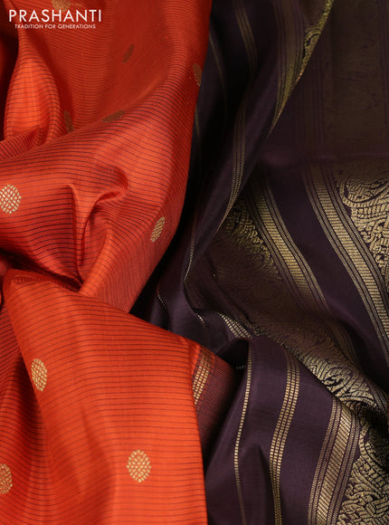 Pure kanchipuram silk saree orange and coffee brown with allover stripe pattern & zari buttas and long rettapet zari woven border