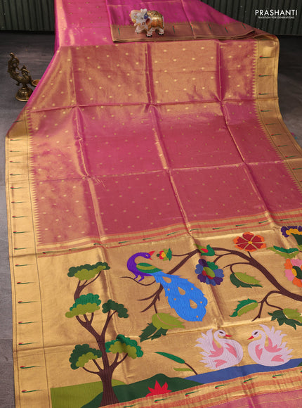 Tissue silk saree pink with allover zari woven buttas and paithani pallu & muniya border