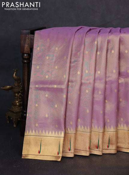 Tissue silk saree lavender and red with allover zari woven buttas and paithani pallu & muniya border