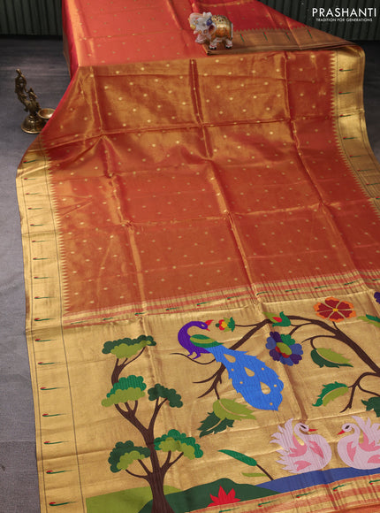Tissue silk saree golden pink with allover zari woven buttas and paithani pallu & muniya border