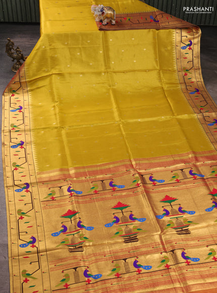 Tissue silk saree yellow and red with allover zari woven buttas and paithani pallu & border