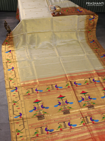 Tissue silk saree cream and red with allover zari woven buttas and paithani pallu & border
