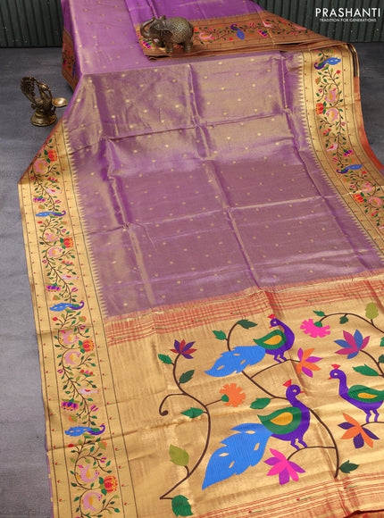 Tissue silk saree lavender with allover zari woven buttas and paithani pallu & border