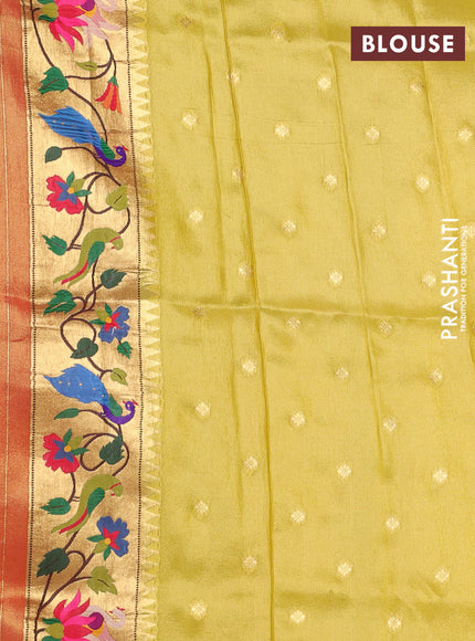 Tissue silk saree lime yellow with allover zari woven buttas and paithani pallu & border