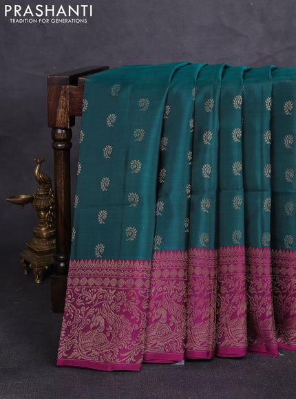 Kanchipuram soft silk saree green and magenta pink with allover zari woven buttas and zari woven border