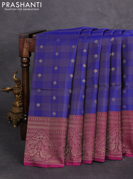 Kanchipuram soft silk saree peacock blue and magenta pink with allover checks & zari woven buttas and zari woven border