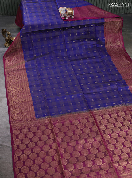 Kanchipuram soft silk saree peacock blue and magenta pink with allover checks & zari woven buttas and zari woven border