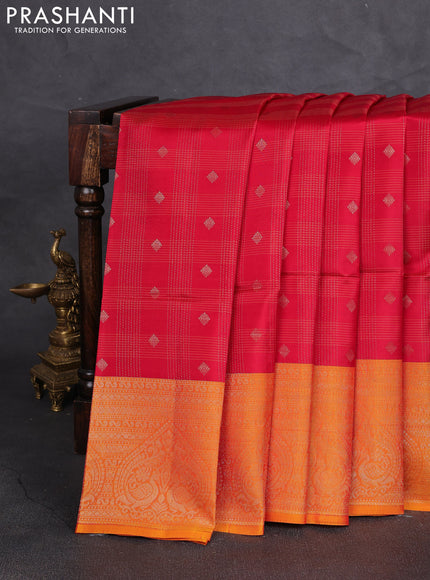Kanchipuram soft silk saree red and sunset orange with allover checks & zari woven buttas and zari woven border