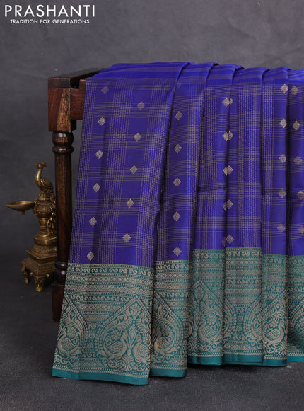 Kanchipuram soft silk saree peacock blue and peacock green with allover checks & zari woven buttas and zari woven border