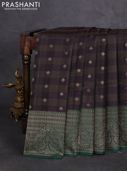 Kanchipuram soft silk saree black and bottle green with allover checks & zari woven buttas and long zari woven border