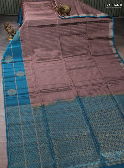 Kanchipuram soft silk saree rosy brown and peacock blue with allover silver & gold zari weaves and long zari woven butta border