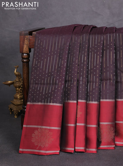 Kanchipuram soft silk saree coffee brown and maroon with allover silver & gold zari weaves and long zari woven butta border