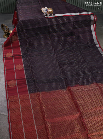 Kanchipuram soft silk saree coffee brown and maroon with allover silver & gold zari weaves and long zari woven butta border