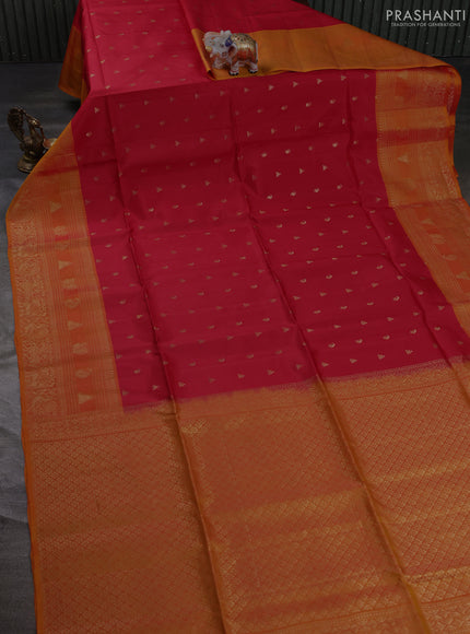 Kanchipuram soft silk saree red and sunset orange with allover zari weaves & buttas and long zari woven border