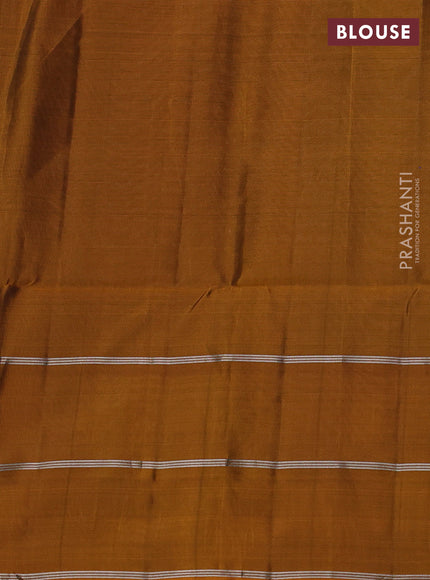 Kanchipuram soft silk saree blue and mustard yellow with allover silver zari weaves and long zari woven butta border