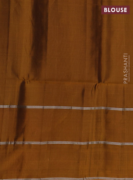 Kanchipuram soft silk saree bottle green and mustard yellow with allover silver zari weaves and long zari woven butta border