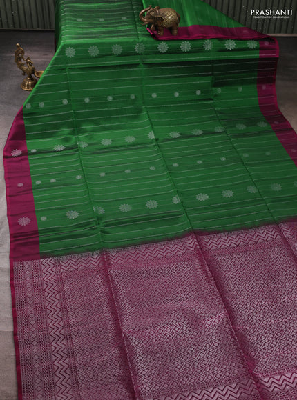 Kanchipuram soft silk saree green and magenta pink with allover silver zari weaves & buttas and zari woven butta border