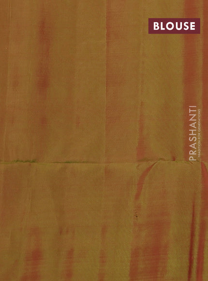 Kanchipuram soft silk saree tomato pink and light green with allover zari woven buttas and long zari woven border