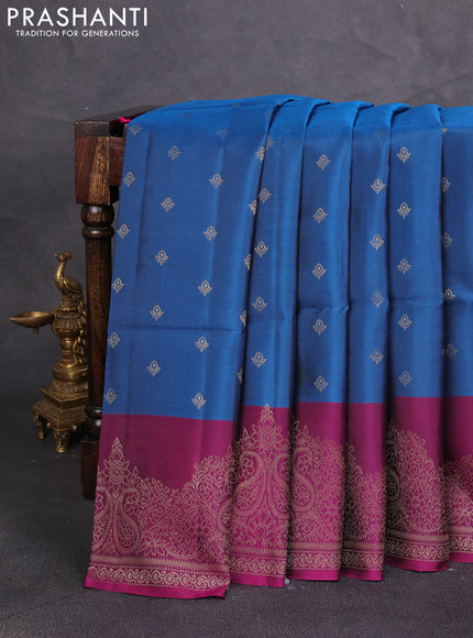 Kanchipuram soft silk saree peacock blue and magenta pink with allover zari woven buttas and zari wovenn border