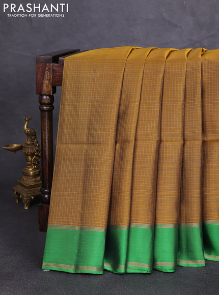 Kanchipuram soft silk saree mustard yellow and green with allover small zari checked pattern and rettapet zari woven border