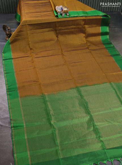 Kanchipuram soft silk saree mustard yellow and green with allover small zari checked pattern and rettapet zari woven border