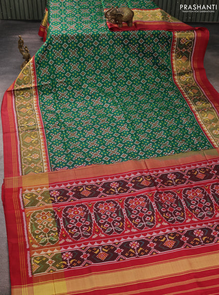 Rajkot patola silk saree bottle green and maroon with allover ikat weaves and zari woven ikat border