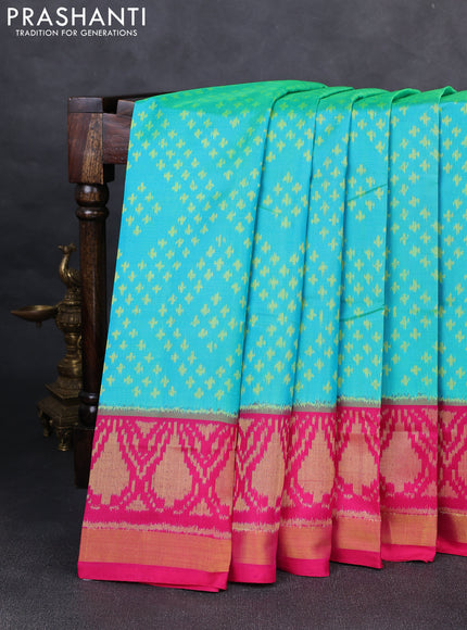 Rajkot patola silk saree teal green and pink with allover ikat weaves and ikat woven zari border