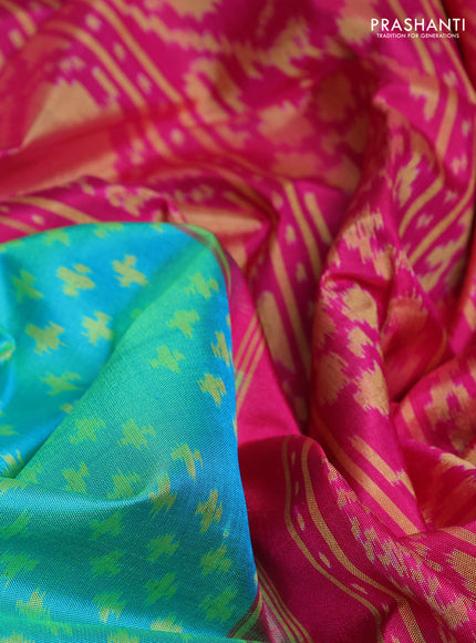 Rajkot patola silk saree teal green and pink with allover ikat weaves and ikat woven zari border