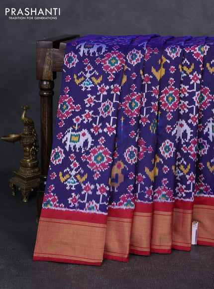 Pochampally silk saree blue and red with allover ikat weaves and zari woven border