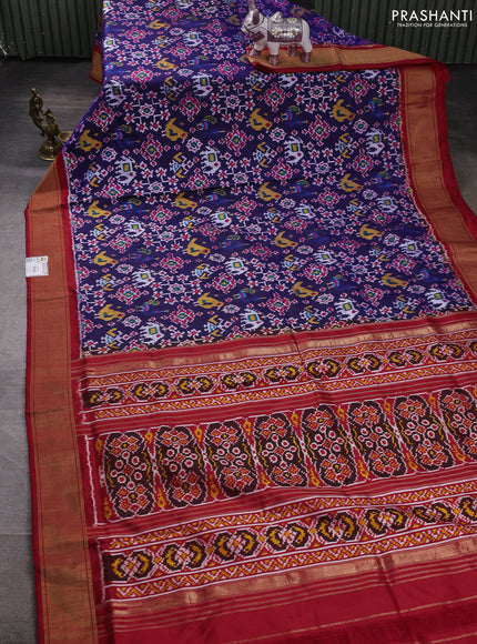 Pochampally silk saree blue and red with allover ikat weaves and zari woven border