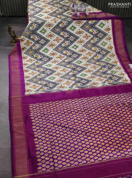 Pochampally silk saree cream and pink with allover ikat weaves and zari woven border