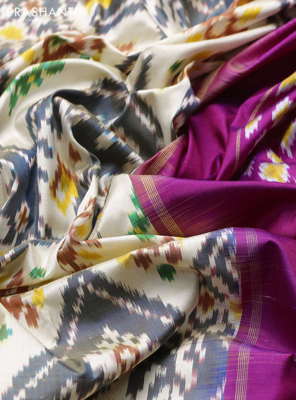 Pochampally silk saree cream and pink with allover ikat weaves and zari woven border